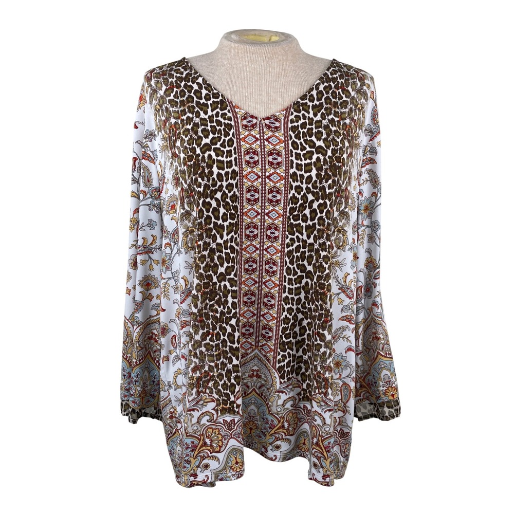 Chicos Womens Size 3 XL Leopard Floral Paisley V-Neck Long Sleeve Blouse Top